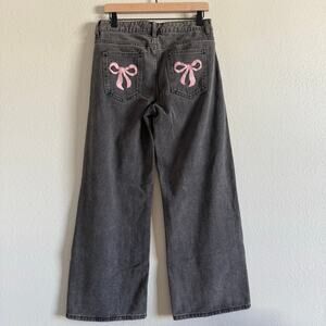 Pink Bow Embroidered Black Jeans - Medium - Coquette Baroque Pretty Punk